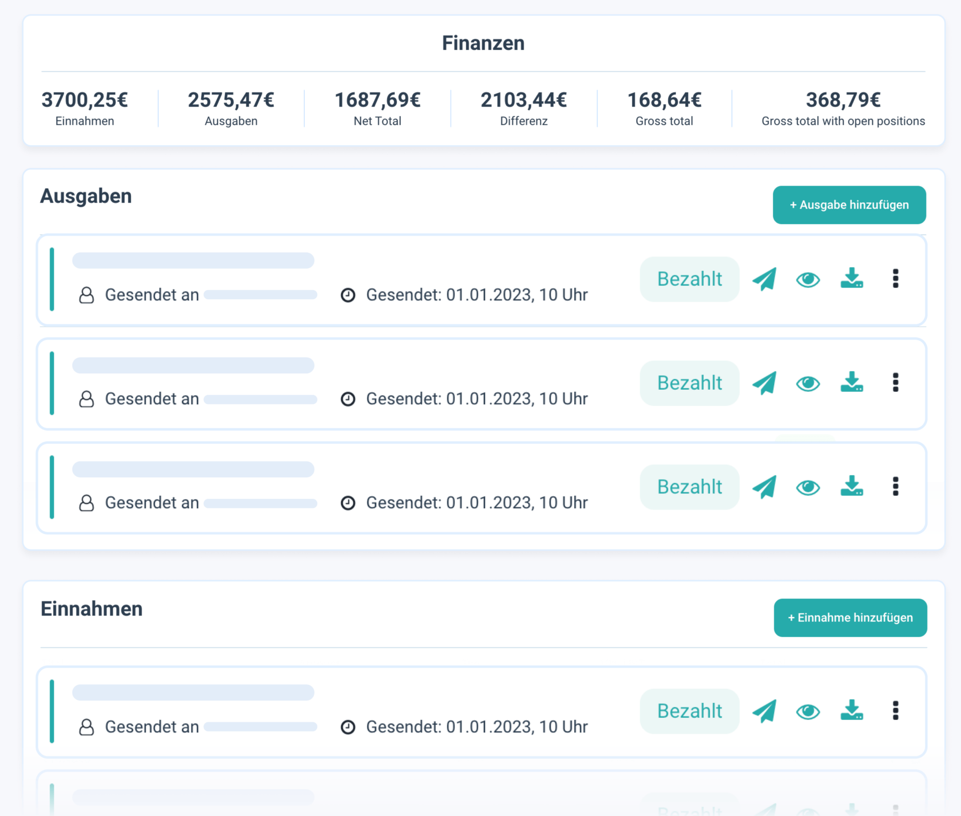 Ausschnitt aus der Event Management Software, der die Finanzübersicht zeigt.