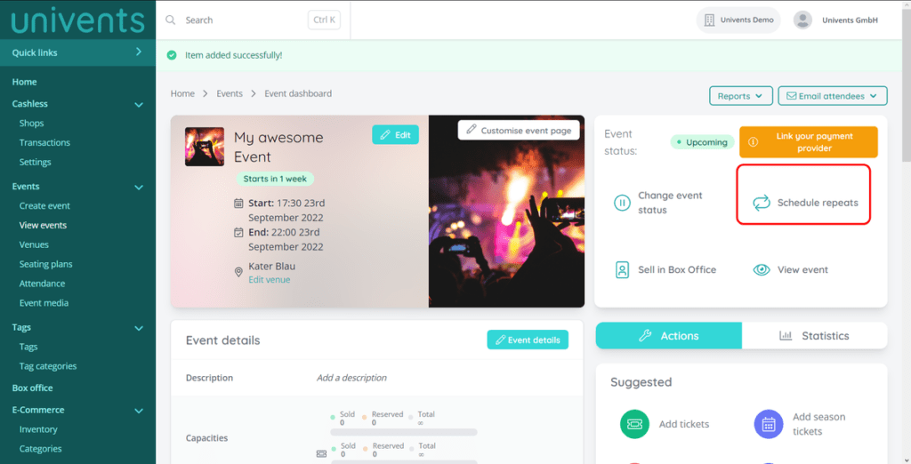 The image shows where you have to click in the dashboard to schedule recurring events.